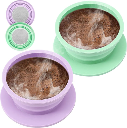 2 Pieces Collapsible Paperless Travel Pour Over Coffee Dripper Kit, Single Cup Travel Pour Over Coffee Maker Camping, Portable Silicone PourOver C...