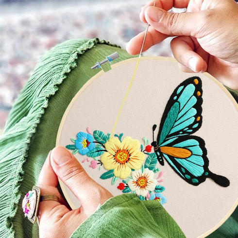 MIKIMIQI 3 Pack Embroidery Starter Kit with Pattern, Flowers Butterfly Stamped Embroidery Kit Including Embroidery Fabrics, Bamboo Hoops, Threads ...