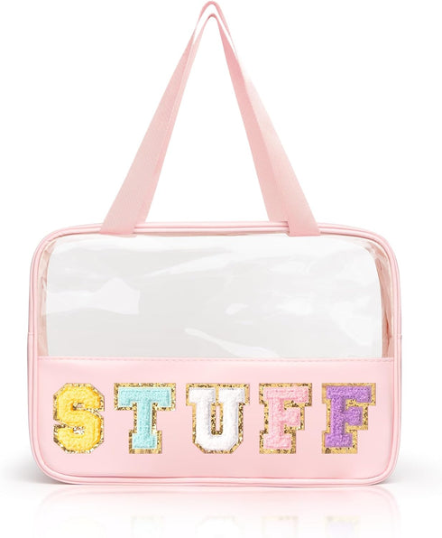 Modern Transparent Makeup Pouch with Embroidered Monogram - Clear Toiletry Bag with Wristlet for Women and Girls - Stylish Waterproof Cosmetic Cas...