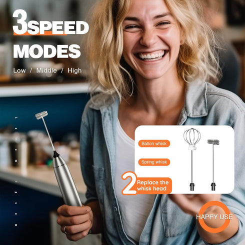 Milk Frother Rechargeable Handheld Electric Whisk Coffee Frother Mixer with 3 Stainless whisks 3 Speed Adjustable Foam Maker Blender for Coffee Ma...
