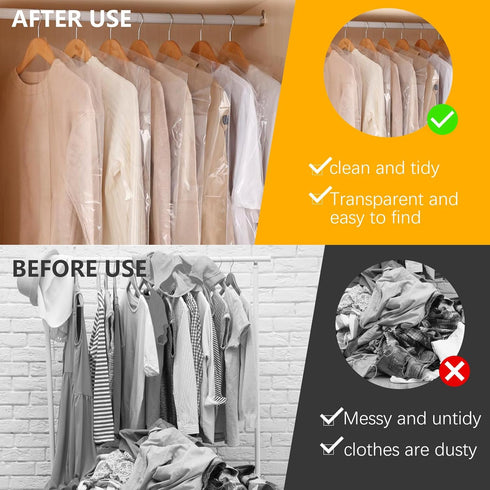 10Pcs (24 x 36 In) Clear Plastic Clothes Covers, Dry Cleaners Bags Hanging Dust-proof Clothing Protector Covers Garment Bags for Home Storage Clot...