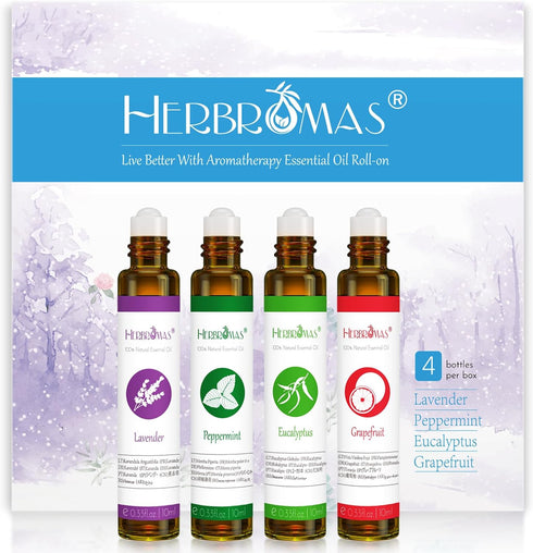 Essential Oil Roll On Set with Lavender, Peppermint, Eucalyptus & Grapefruit - Aromatherapy Relaxation Gift for Women - 4 Pack of 10ml Roll-Ons...