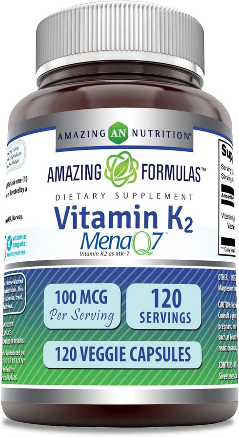 Amazing Formulas Vitamin K2 Menaq7 MK7 Supplement | 100 Mcg | Veggie Capsules | Non-GMO | Gluten Free | Made in USA (1 Pack, 120 Count)...