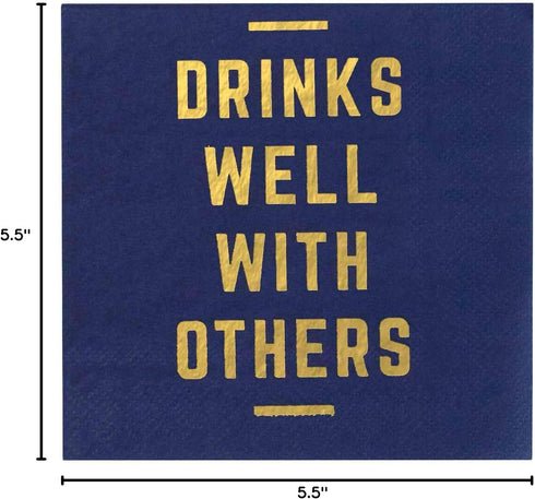 X&O Paper Goods Blue ''Drinks Well With Others'' Paper Cocktail Napkins, 20pc, 5.5'' x 5.5''...