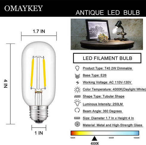 OMAYKEY 2W LED Tubular Bulb 4000K Daylight White Glow, 25W Equivalent 250LM E26 Base, Antique Edison T45 Tube Clear Glass Dimmable Chandelier Ceil...