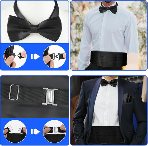 Men's Cummerbund Bow Tie Set Adjustable Solid Color Tuxedo Cummerbund and Bow Tie Pocket Squares,Black...