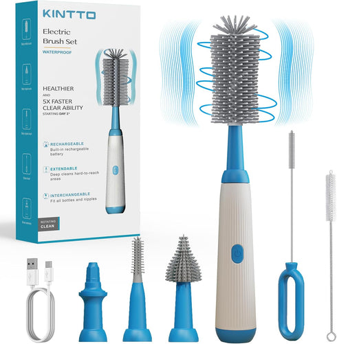Electric Bottle Brush Cleaner Set, Baby Bottle Brush Cleaning with Rechargeable?Waterproof Replaceable Nipple and Straw Silicone Brush Blue...