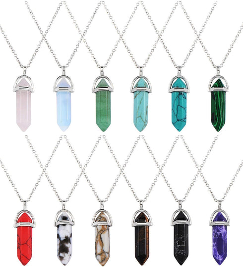 EBOOT womens 12 Pieces Hexagonal Chakra Crystal Bullet Shape Gemstone Pendant Necklaces Pointed Quartz Stone Chain Necklaces Artificial Stone with...