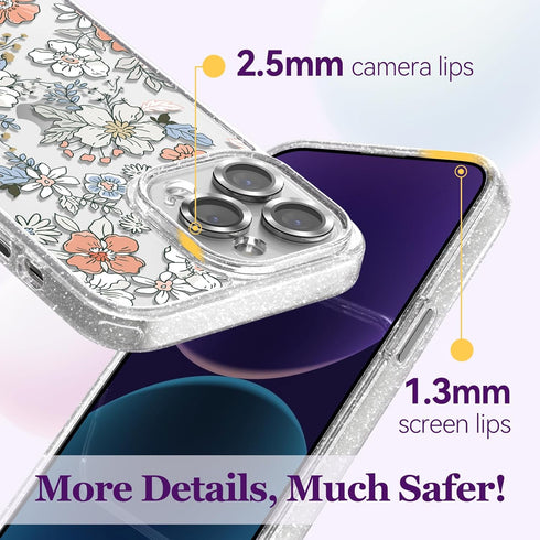 Compatible for iPhone 14 Pro Max Case Cute Aesthetic - Glitter Clear Phone Case with Camera Protector - Lovely Flowers Cover with Wrist Strap Desi...