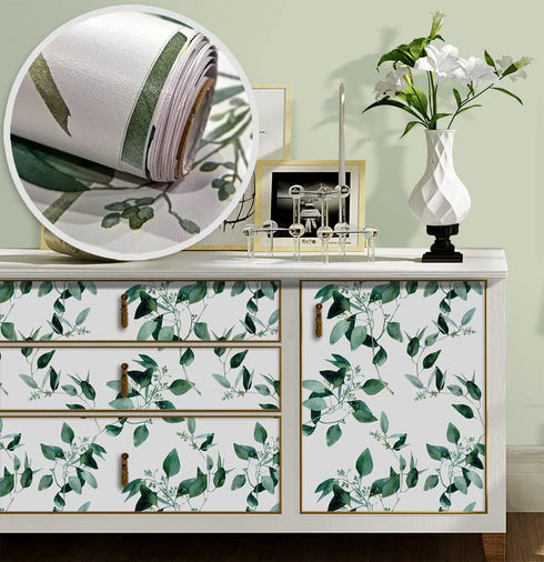 8267 Floral Peel and Stick Wallpaper 17.7in x 9.8ft Green Plant Eucalyptus Leaf Removable Self Adhesive Contact Paper Drawer Shelf Liner Vinyl Rol...