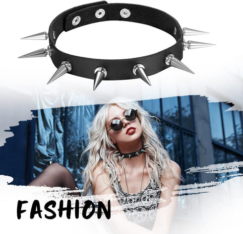 Flongo Gothic Black Rivet Leather Spiked Necklace Neckband Choker, Unisex Spike Studded Punk Rock Biker Wide Strap Leather Collar Necklace, Rivets...