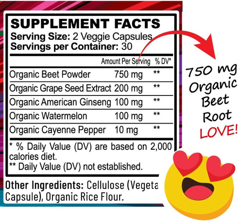 Beet Root Capsules - Circulation, Heart-Healthy Energy - w Grape Seed Extract & Ginseng 60 Count Vegan...