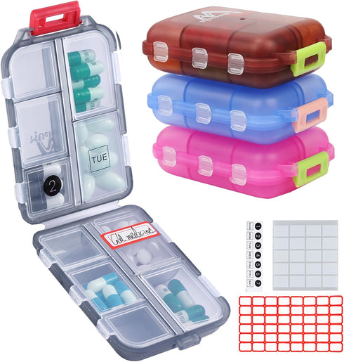 4PS Travel Pill Organizer with 164 Slice Labels?10 Compartments Travel Pill Box Portable Folding Small Pill Case Daily Pill Container Used for Car...