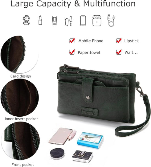 myfriday Womens Vintage Vegan Leather Wristlet Clutch Purse with Zip Around 2 Strap & Detchable Card Holder...