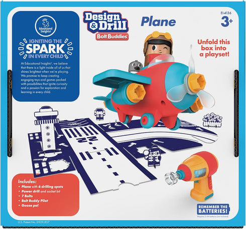 Educational Insights Design & Drill Bolt Buddies Plane Take Apart Toy with Electric Toy Drill, Preschool STEM Toy, Gifts for Boys & Girls, Ages 3+...
