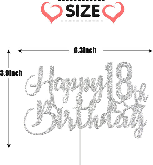 Silver Glitter Happy 18th Birthday Cake Topper - 18th Birthday Cake Topper, 18th Birthday Party Decoration...