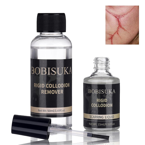 BOBISUKA Rigid Collodion 15ml with Brush & Remover 50ml Makeup Set Professional Scarring Liquid For Special Effects Makeup Kit, Face Body Realisti...