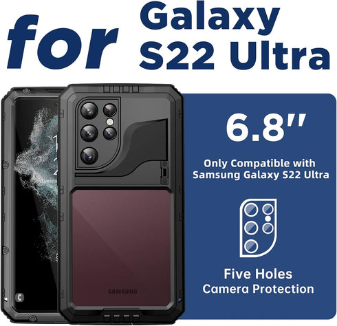 Mitywah Waterproof Case for Samsung Galaxy S22 Ultra, Heavy Duty Metal Kickstand Case, Full Body Shockproof Phone Case with Built-in Screen Protec...