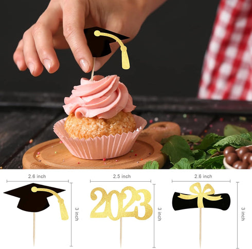 48 PCS Graduation Cupcake Toppers - 2023 Graduation Decoration, Glitter Class of 2023 Food Appetizer Picks, Graduation Theme Party Supplies Gold M...