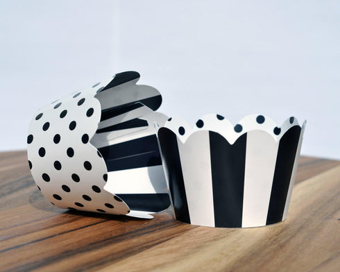 Black and White Cupcake Wrappers for Weddings, Graduations, Kids and Adult Birthday Parties, Baby Showers. Set of 24 Reversible Cup Cake Holder Wr...