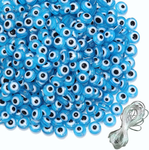 200pcs Evil Eye Beads Aqua Blue Resin Evil Eye Spacer Beads Charms with Elastic Rope for DIY Jewelry Bracelet Necklace Earring Crafts Making Handm...