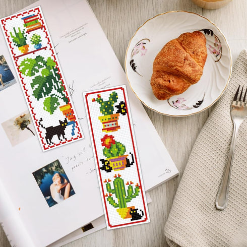6pcs DIY Cross Stitch Bookmark Kit Plant Stamped Embroidery Bookmark Kits Instruction Included 8.7x3.1" Black Cat Easy Cross Stitch Kits for Adult...