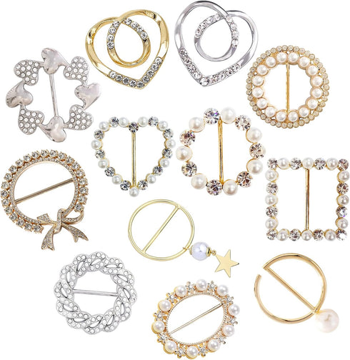 Scarf Tie Buckle Rings for Women,12PCS Metal Party T Shirt Pearls Rhinestone Clips,Clothes Corner Knotted Button for Women Girls Decorative Access...