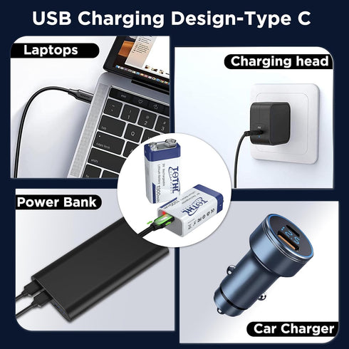 9V Rechargeable Batteries, 4-Packs USB 9 volt lithium batteries 1300mAh ?11700 mWh?Long Lasting Li-ion 9 volt battery for smoke alarms, Multimeter...