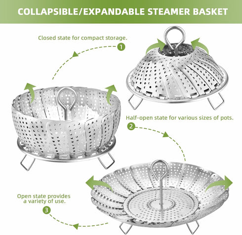 Steamer Basket, Premium Stainless Steel Vegetable Steamer Basket for Veggies & Seafood Cooking, Expandable Food Steaming Basket Fits for Various S...