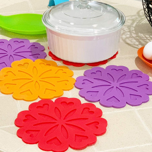 Allydrew, Multi-use Durable Flexible Non-Slip Insulated Trivet Silicone Pot Holders, Set of 4, Red Hearts...