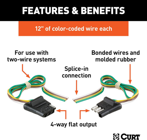 CURT 58304 4-Pin Flat Wiring Harness, 12-Inch Vehicle-Side and Trailer-Side Wires...