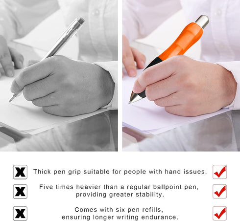 Big Fat Pens (12 Pack) Aids Writing For Tremor, Arthritis, Parkinson, Handicap, Carpal Tunnel Large Wide Grip Pens Retractable Ballpoint Pens (6 P...