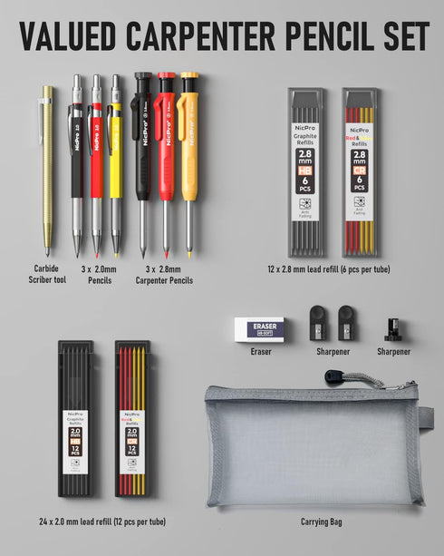 Nicpro 16 Pack Mechanical Carpenter Pencil Set with 42 Refill & Carbide Scribe Tool, Construction Pencils Heavy Duty Woodworking Pencils for Archi...