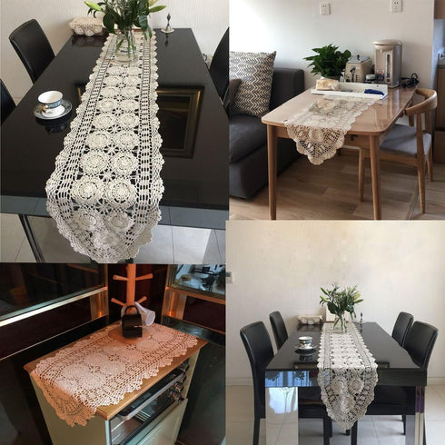 KEPSWET Cotton Handmade Crochet Lace Oval Table Runner Dresser Console Coffee Table TV Stand Decor Beige 14x60 inch...