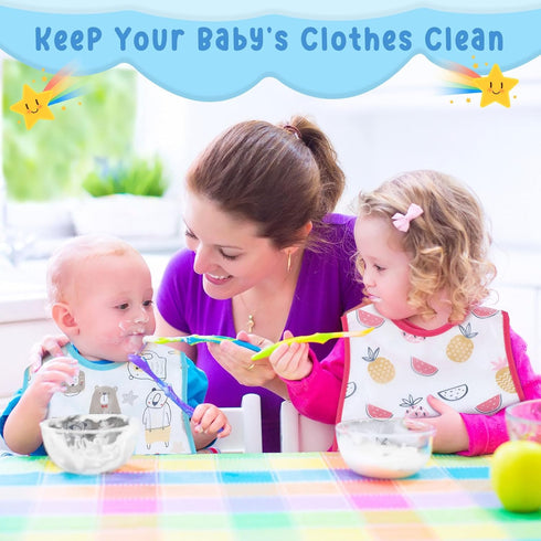 12 Pcs Baby Waterproof Bibs with Food Catcher Adjustable Snaps Plastic Feeding Bibs for Toddlers, 6 to 36 Months...