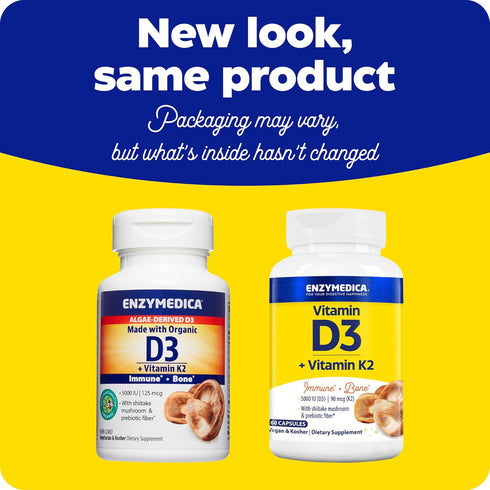 Enzymedica, Organic Vitamin D3+K2, 5,000 IU Vit D3 & 90 mcg Vit K2 MK-7, with Shitake Mushrooms & Prebiotic Fiber, Vegan, 60 Count...