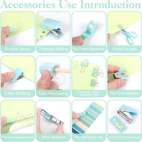 Mini Office Supplies, Turquoise Green School Supplies with Sticky Notes,Mini Stapler,Tape Dispenser,Hole Punch,Staple Remover,Staples,Clips,Scisso...