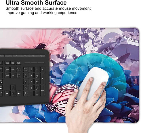 Butterfly Flower Desk Pad, Rubber Base Mousepad with Stitched Edges, Daisies Floral Deskmat for Office, Home, Pink and Blue XL Large Gaming Keyboa...
