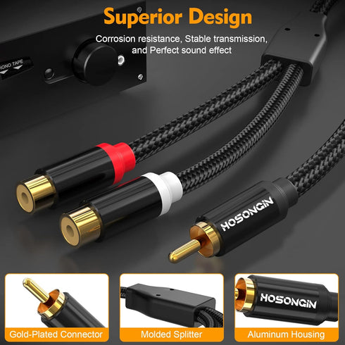 HOSONGIN 1ft RCA Splitter 1 Male to 2 Female Y Adapter 2 Pack, Short RCA Audio Speaker Splitter Cable, Double Shielding Black Nylon Braided Cable ...