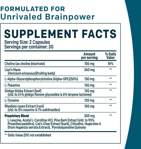 14-in-1 Lions Mane Supplement Capsules - Nootropic Brain Supplement with Ginkgo Biloba for Brain Support, Memory and Focus - Alpha GPC, L Theanine...