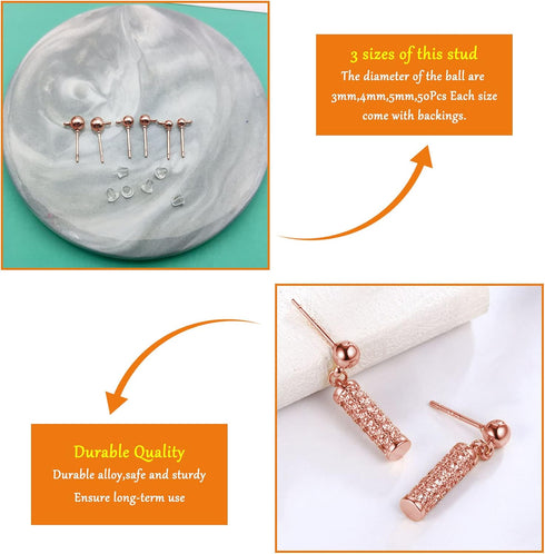 150Pcs Ball Post Earring Studs for Jewelry Making,3 Size Earrings Studs Ball Post Earrings with Loop with 200Pcs Clear Earring Backs Replacements ...