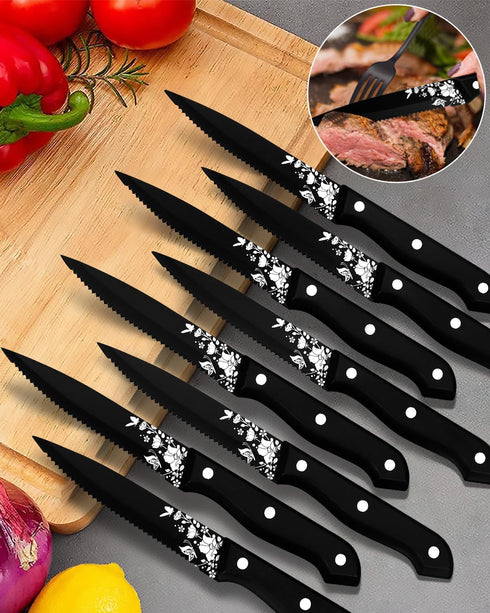 Stapava Steak Knives Set of 8, Stainless Steel Steak Knife Set Black, Sharp Serrated Dinner Knives Matte with Laser Pattern for Kitchen Restaurant...