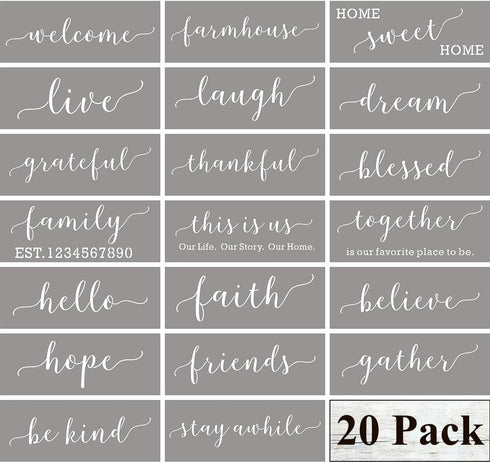 Family Farmhouse Stencils for Painting on Wood - 20 Pack Large Inspirational Words Quotes Saying Sign Stencil Templates, Welcome Believe Blessed T...