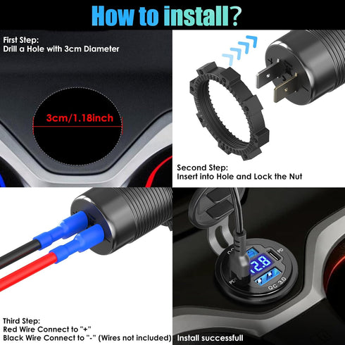 12V USB C Outlet 78W 4 Ports Aluminum Car Charger Socket, Dual PD 30W and Dual QC 18W Car USB Port 12V Charger with Voltmeter and C to C Cable, Su...