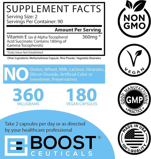BoostCeuticals Vegan Vitamin e Gamma Tocopherol |180mg Gamma e Per Serving | Antioxidant Immunity Support | Non GMO No Magnesium Stearate No Silic...