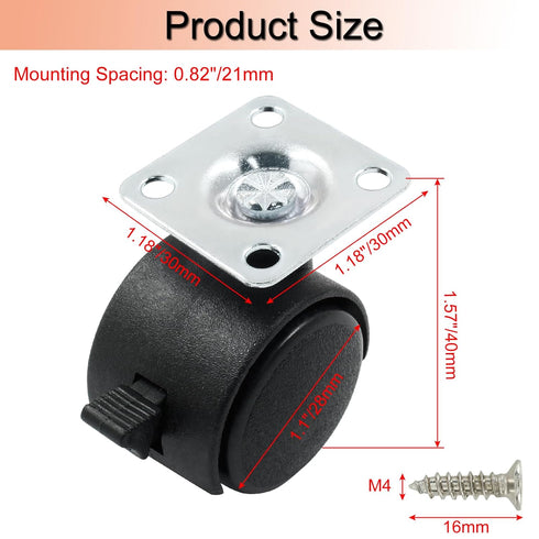 4pcs 1 Inch Swivel Caster Wheels, Black Nylon Plate Caster Wheels with Brake, Heavy Duty Swivel Plate Casters Wheels Replacement for Furniture, Ca...