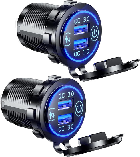 2Pack Quick Charge 3.0 Dual USB Charger Socket, Waterproof 36W USB Outlet Fast Charge with Touch Switch & Blue LED DIY Kit for 12V/24V Car Boat Ma...