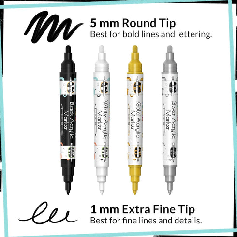 4 Dual Tip Acrylic Paint Pens - Fine Tip & Medium, Permanent & Waterproof - Acrylic Paint Markers for Rock Painting, Canvas, Wood, Ceramic, Glass,...