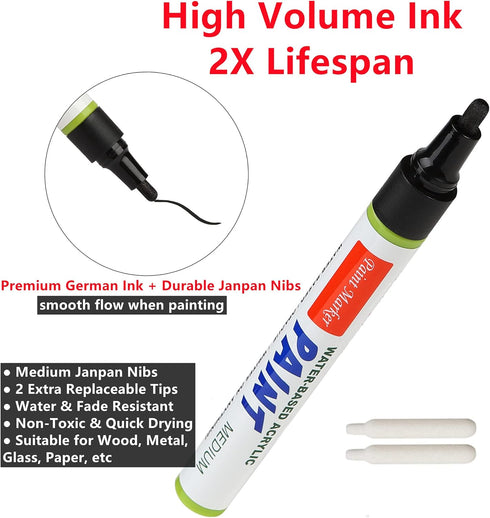 Paint Markers Paint Pen,Oil Based Waterproof Anti-UV Non-Toxic Permanent Ink, Medium Tip, Ideal for Craft Making, extra 2 fine tips, For Rock Pain...
