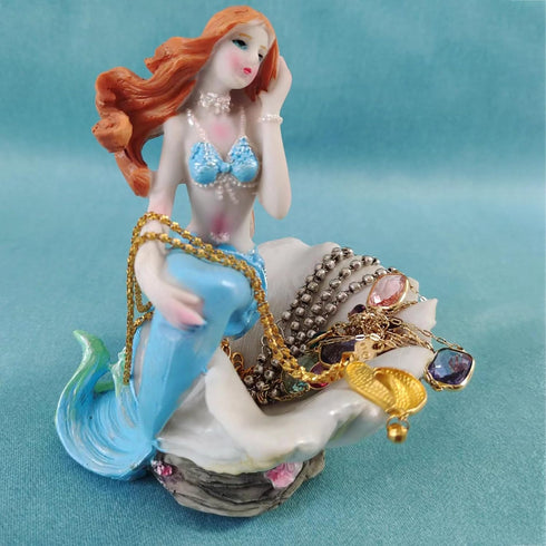 Mermaid Figurines Shell Aquarium Ornament Resin Mediterranean Style Mermaid Princess Craft Statue Jewelry Storage Organizer Gifts for Girls,Fish T...